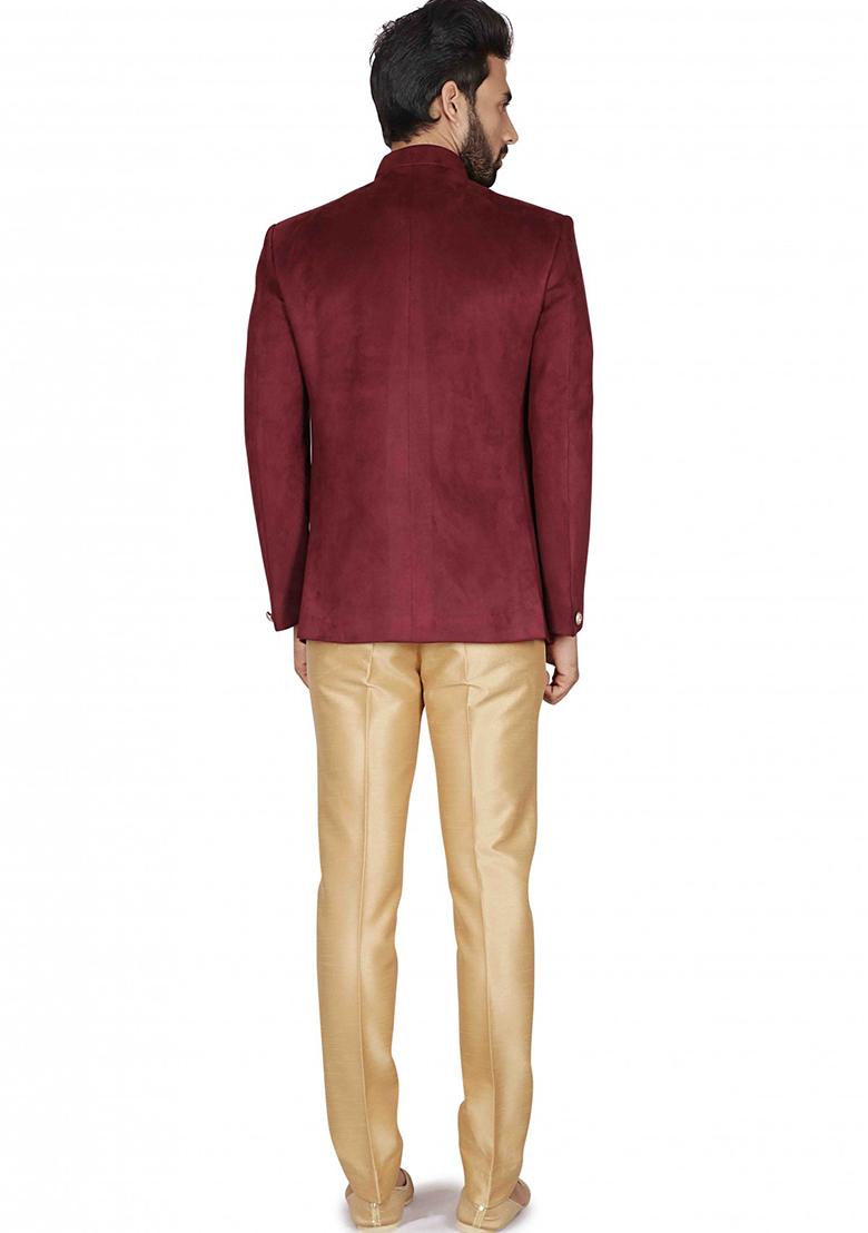 Maroon Embroidered Velvet  Bandhgala For Men