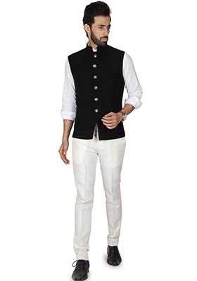 Black Solid Cotton Nehru Jacket Set For Men