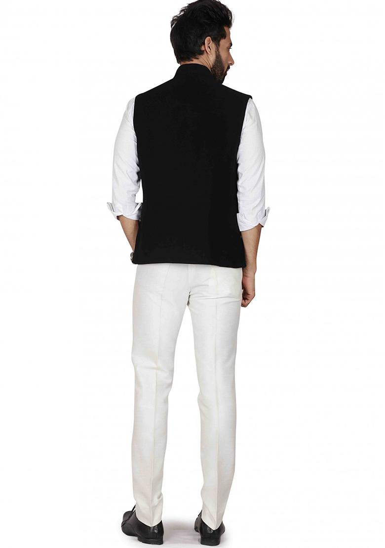 Black Solid Cotton Nehru Jacket Set For Men