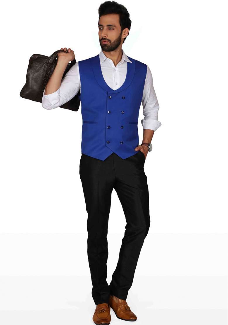 Royal Blue Solid Cotton Blazer For Men - Indya