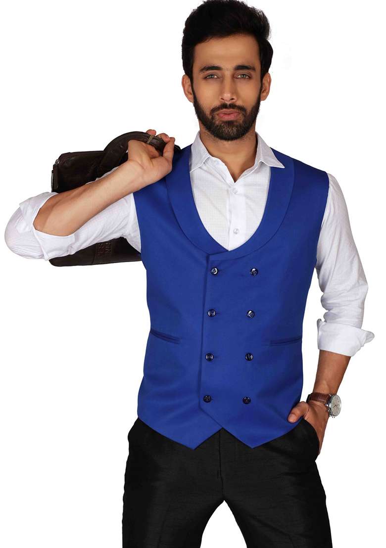 Royal Blue Solid Cotton Blazer For Men - Indya