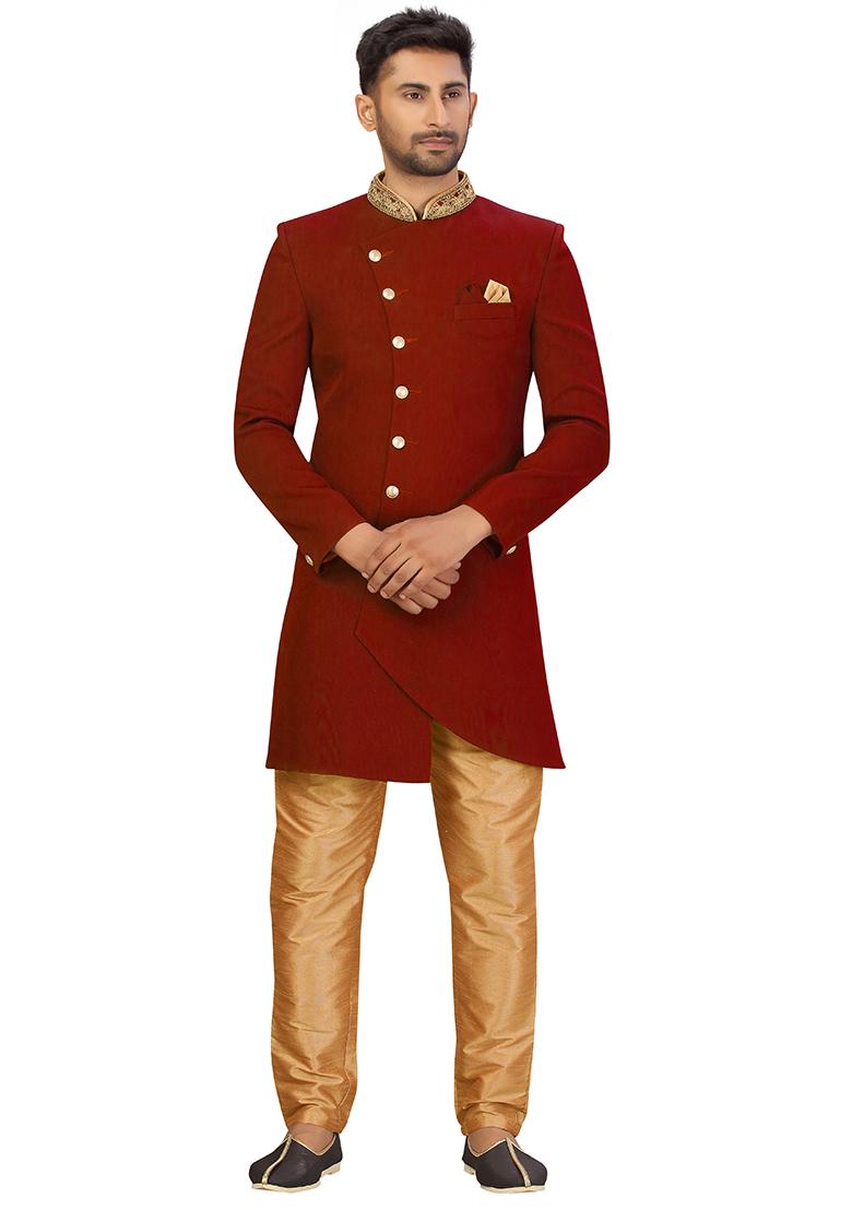 Maroon Embroidered Silk Sherwani for Men