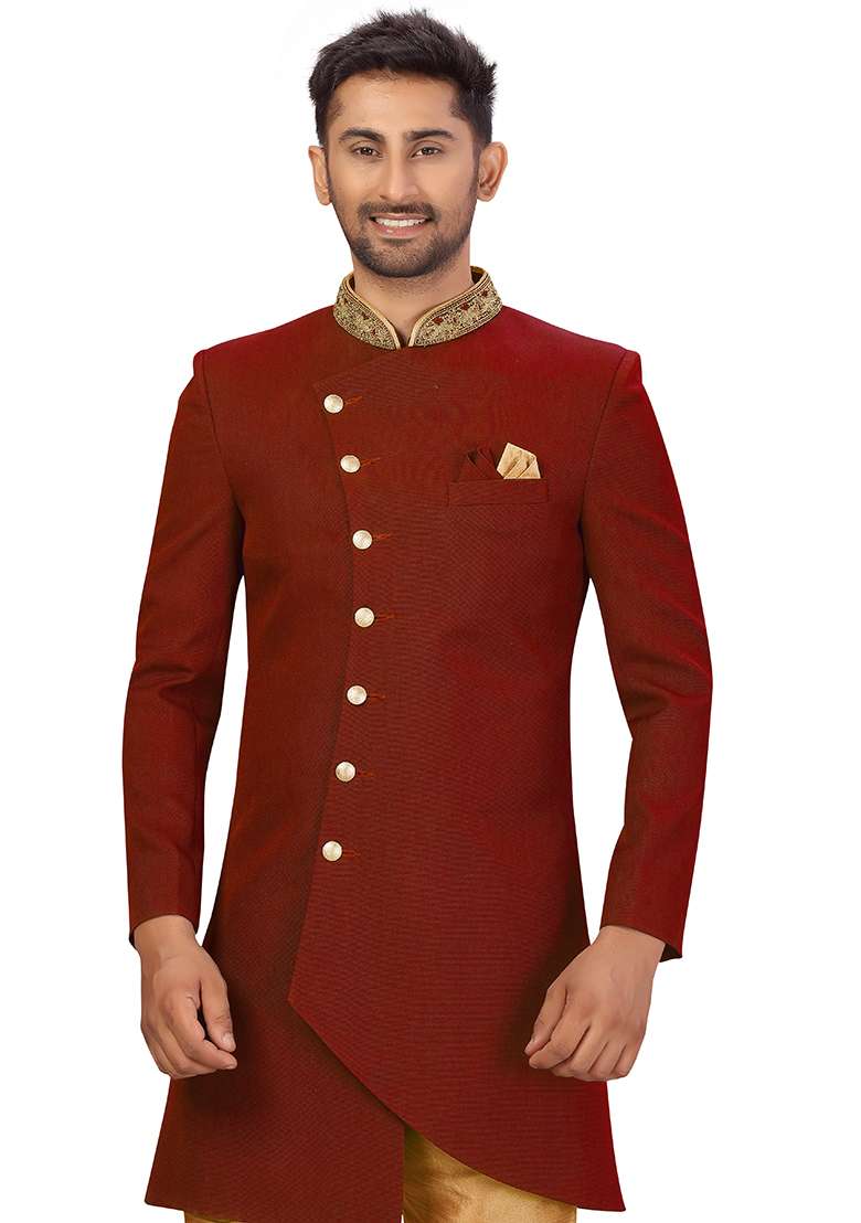Maroon Embroidered Silk Blend Sherwani for Men - Indya