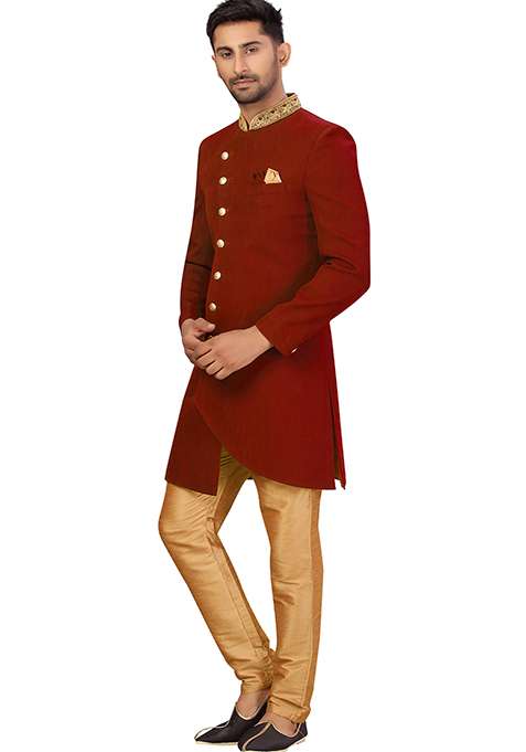 Maroon Embroidered Silk Blend Sherwani for Men