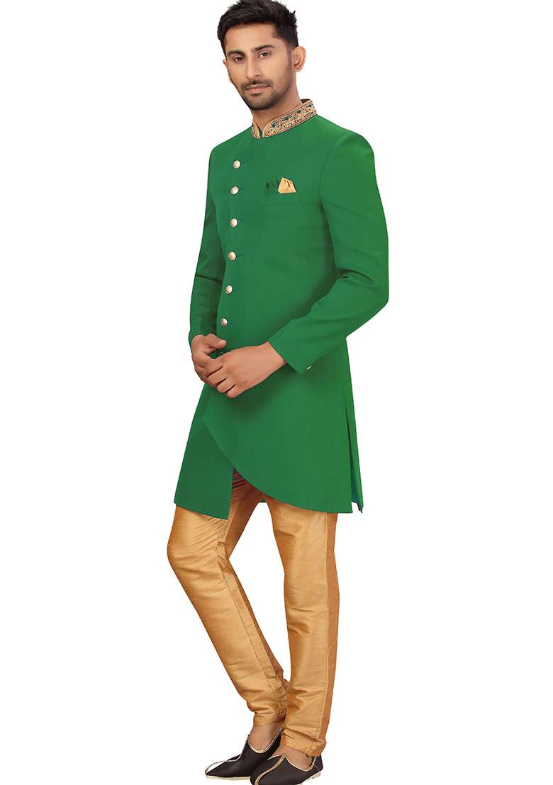 Green Embroidered Silk Blend Sherwani for Men - Indya