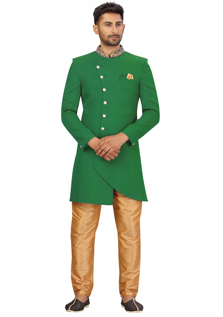 Green Embroidered Silk Sherwani for Men