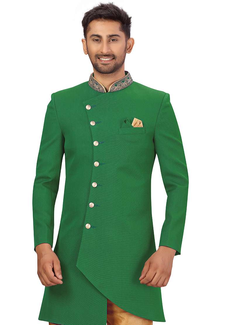 Green Embroidered Silk Blend Sherwani for Men - Indya