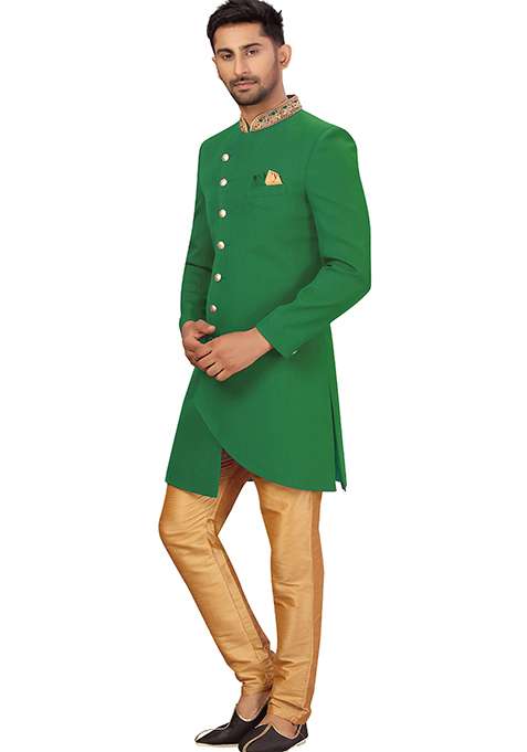 Green Embroidered Silk Blend Sherwani for Men