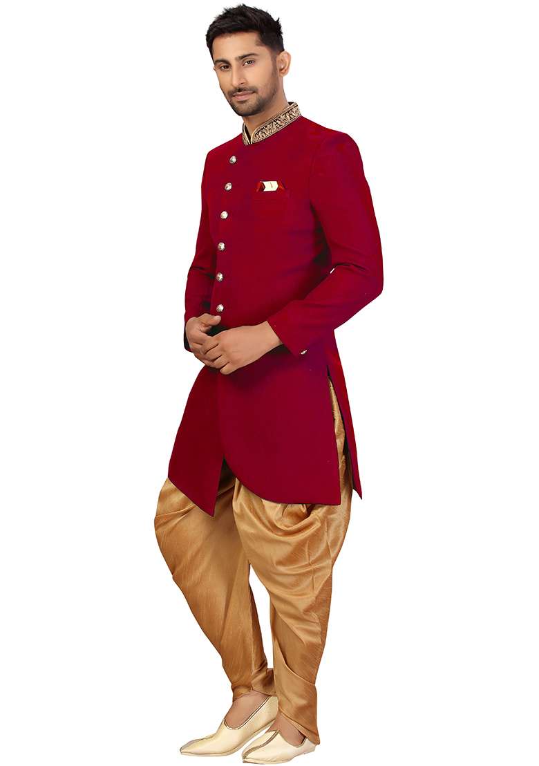 Maroon Embroidered Silk Blend Sherwani for Men - Indya