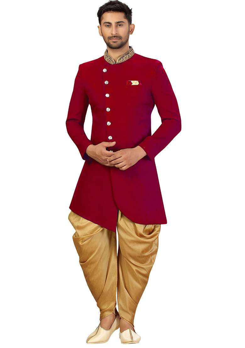 Maroon Embroidered Silk Blend Sherwani for Men - Indya