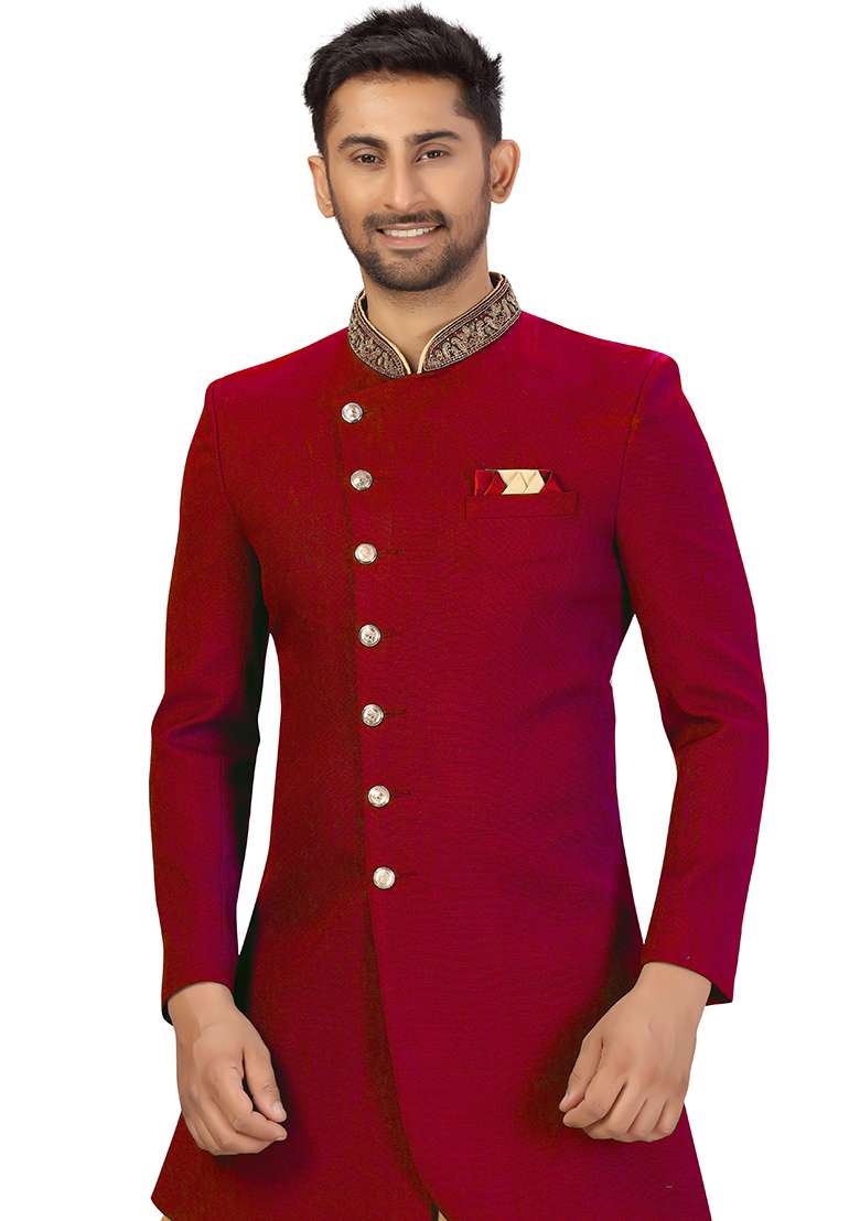 Maroon Embroidered Silk Blend Sherwani for Men - Indya