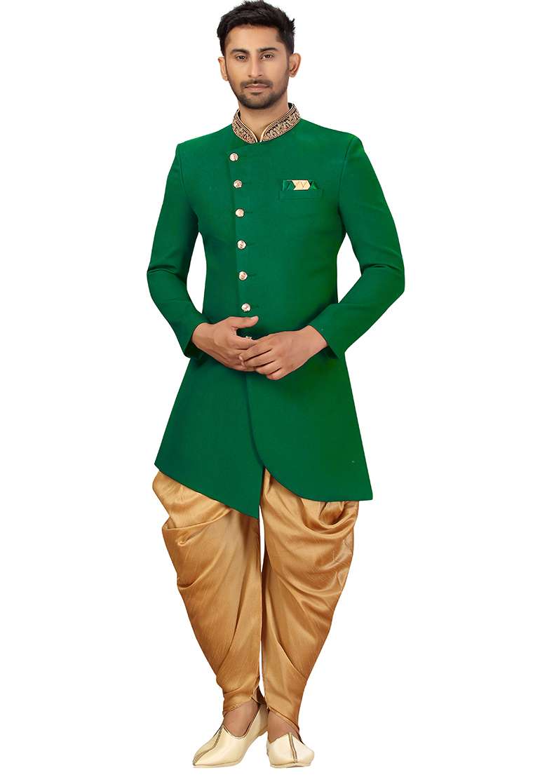 Green Embroidered Silk Blend Sherwani for Men - Indya