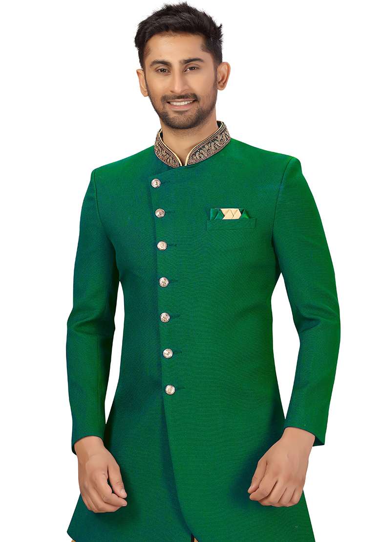 Green Embroidered Silk Blend Sherwani for Men - Indya