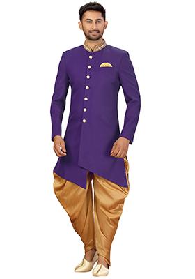 Navy Blue Embroidered Silk Sherwani for Men