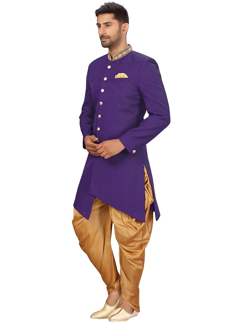 Navy Blue Embroidered Silk Sherwani for Men