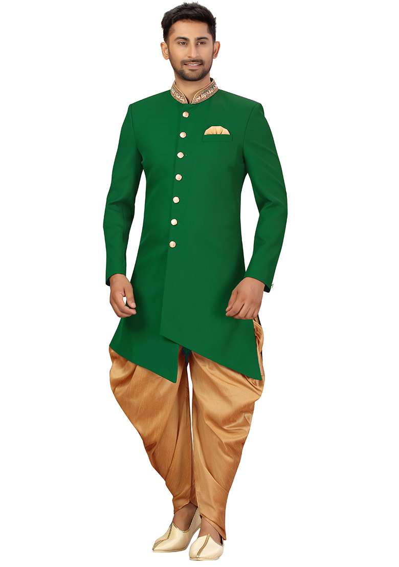 Green Embroidered Silk Blend Sherwani for Men - Indya