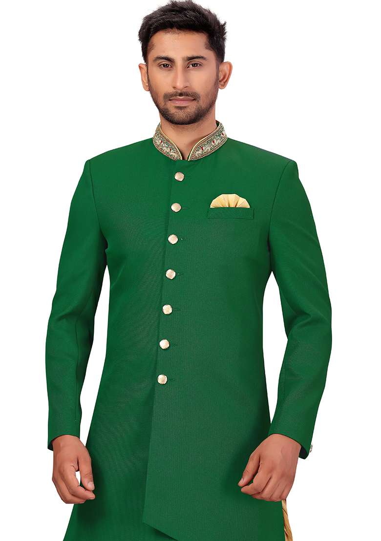 Green Embroidered Silk Blend Sherwani for Men - Indya