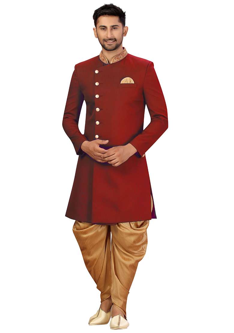 Maroon Embroidered Silk Blend Sherwani for Men - Indya
