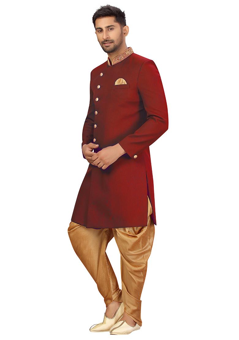 Maroon Embroidered Silk Sherwani for Men