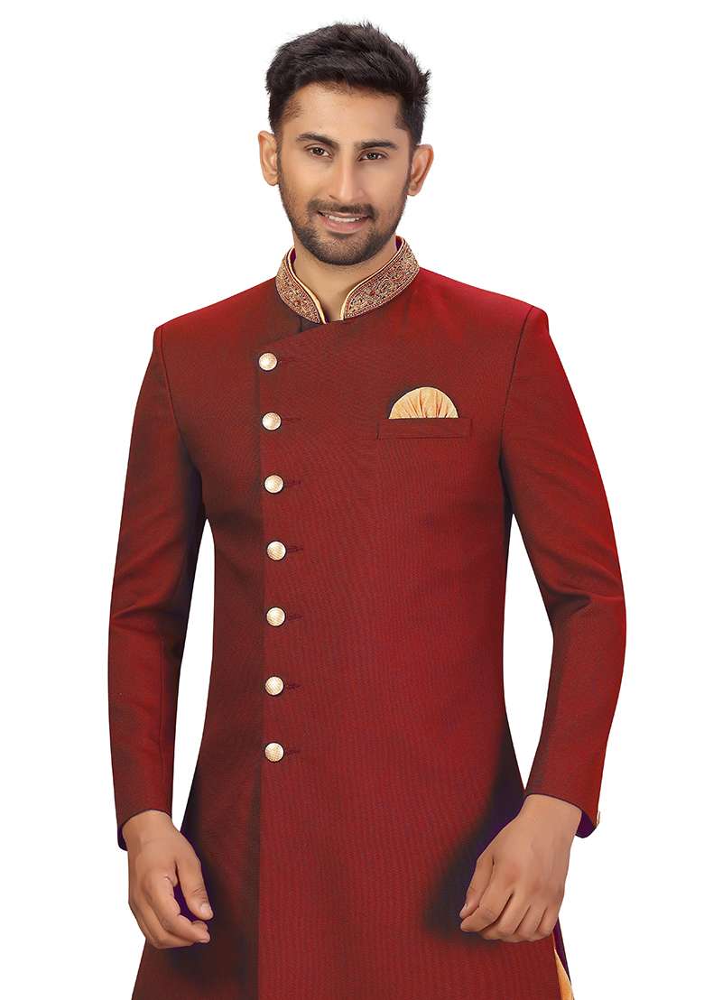 Maroon Embroidered Silk Blend Sherwani for Men - Indya