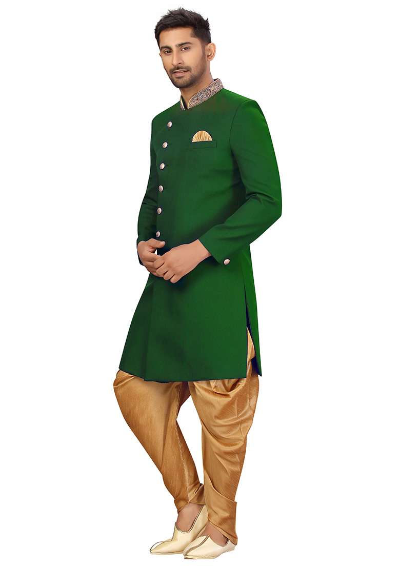 Green Embroidered Silk Blend Sherwani for Men - Indya