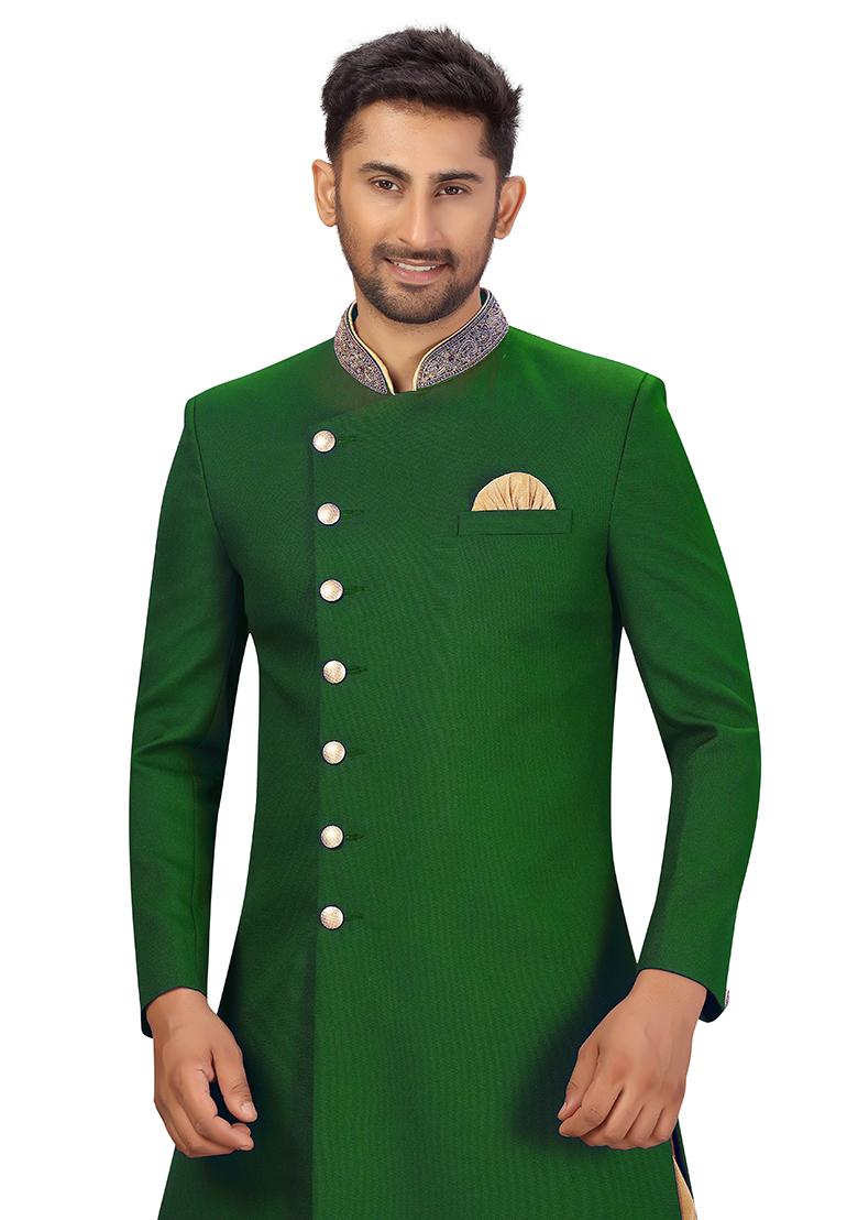 Green Embroidered Silk Sherwani for Men
