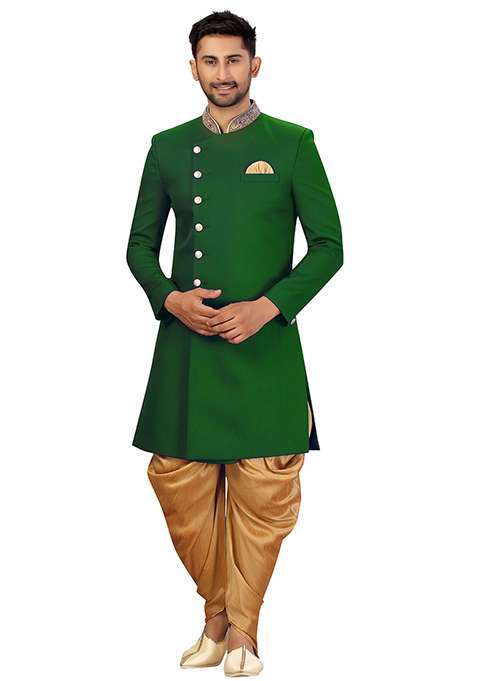 Green Embroidered Silk Blend Sherwani for Men