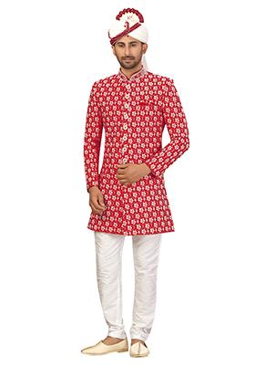 Rani Pink Embroidered Silk Sherwani for Men