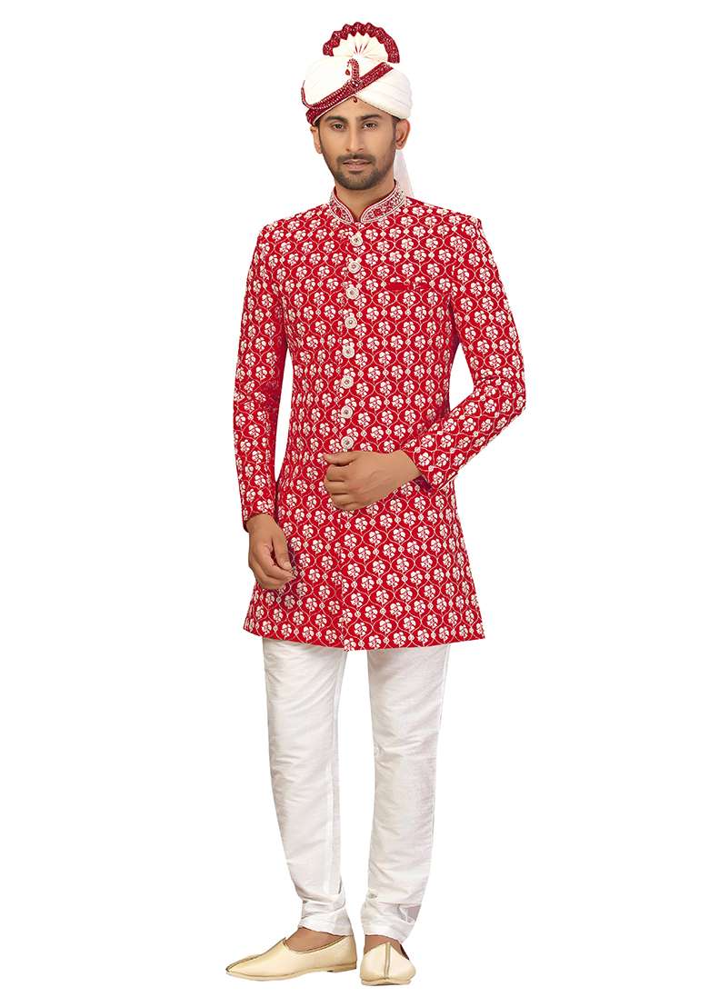 Rani Pink Embroidered Silk Blend Sherwani for Men - Indya