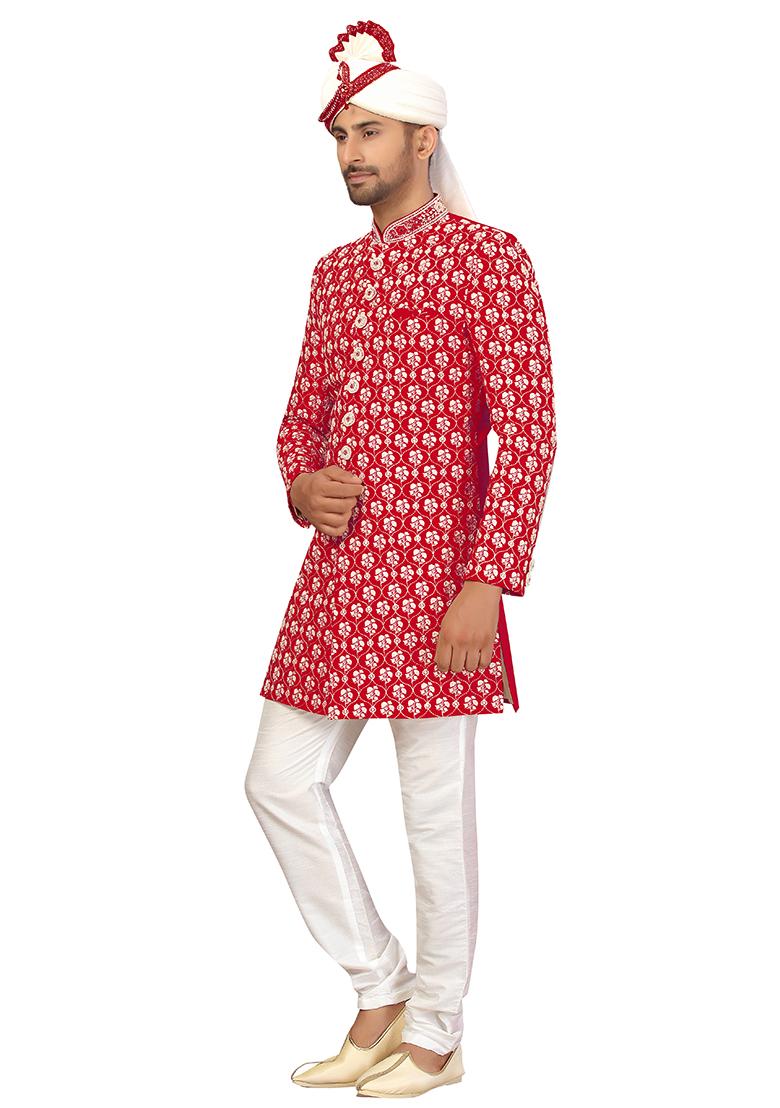 Rani Pink Embroidered Silk Sherwani for Men