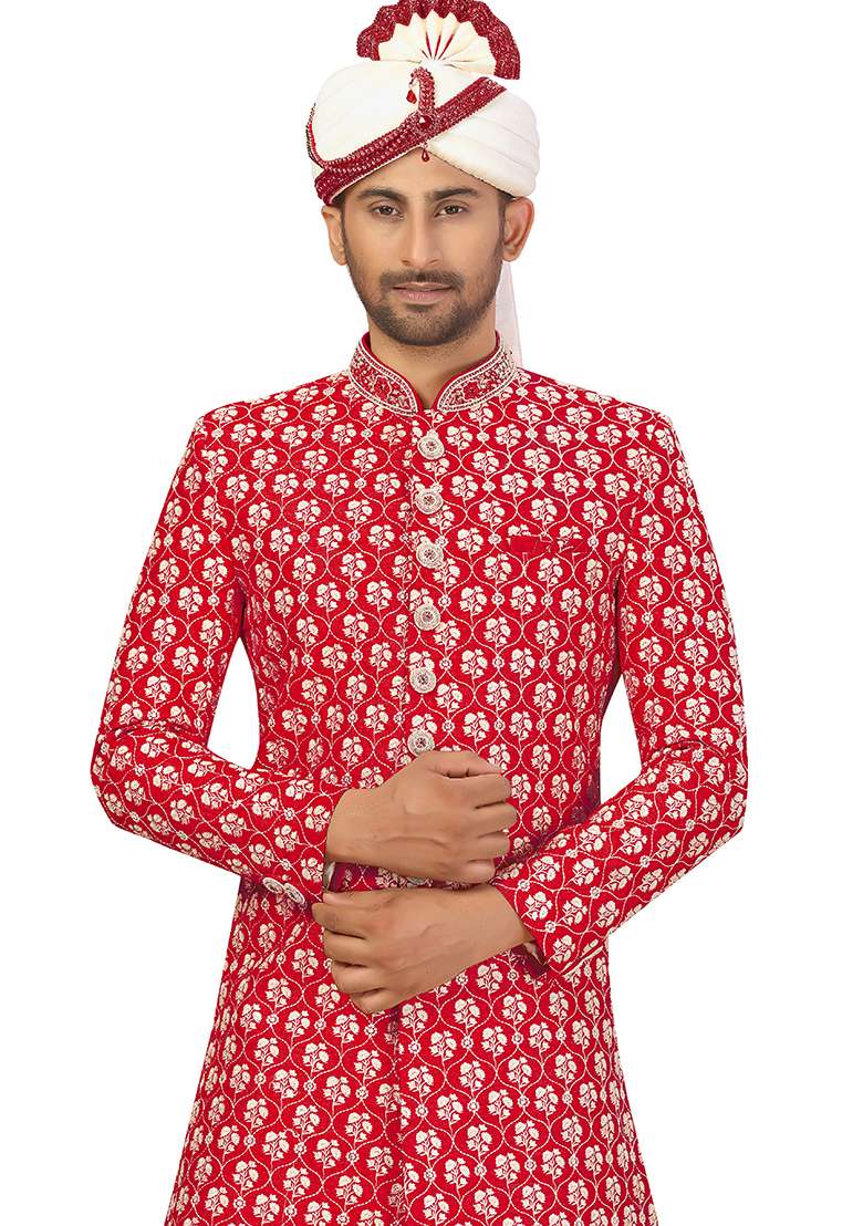 Rani Pink Embroidered Silk Blend Sherwani for Men - Indya