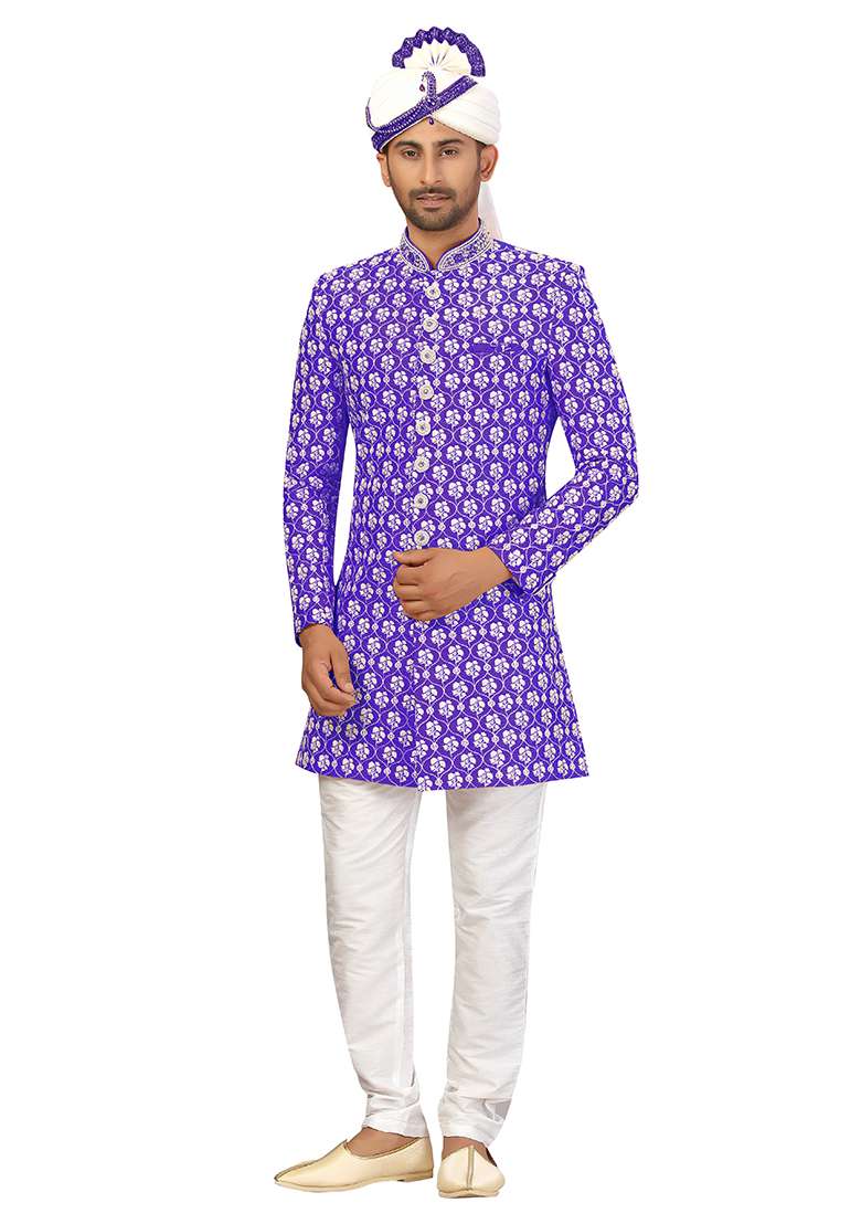 Blue Embroidered Silk Blend Sherwani for Men - Indya