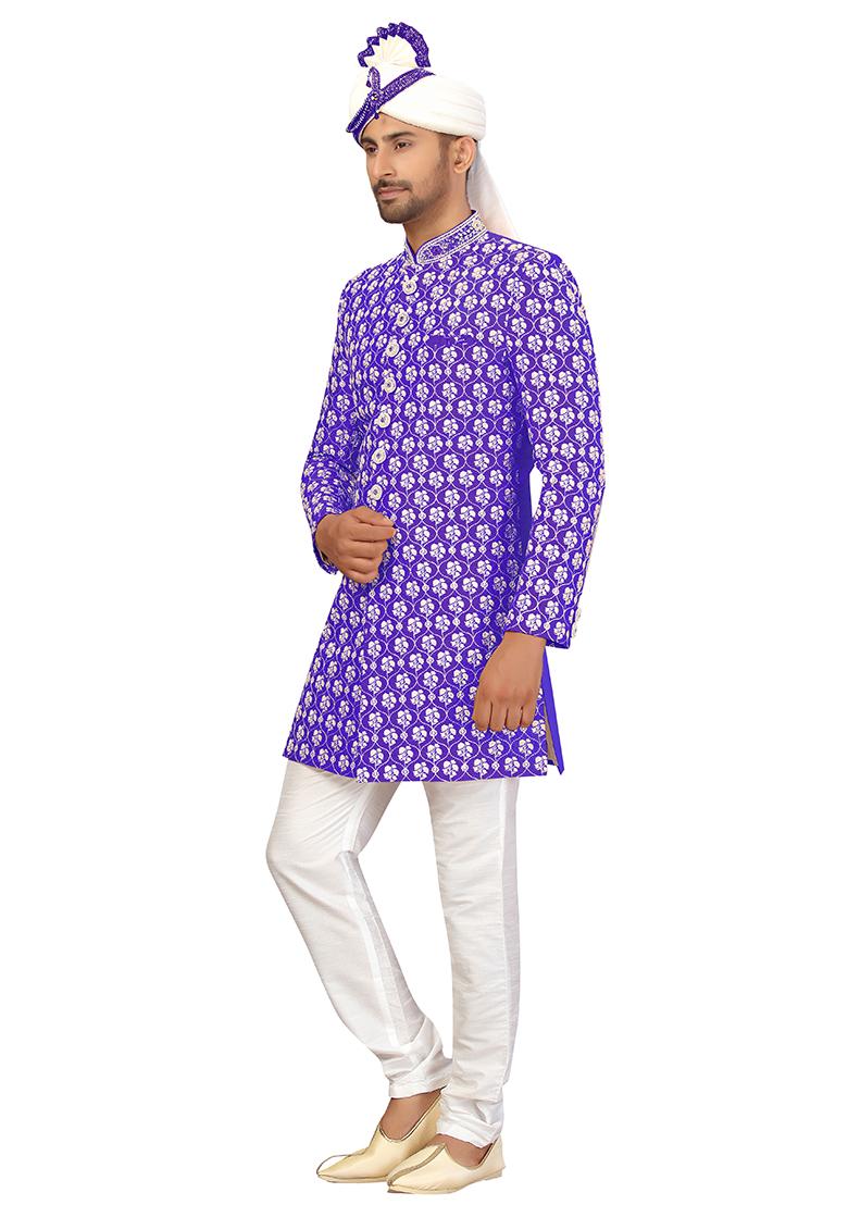 Blue Embroidered Silk Sherwani for Men
