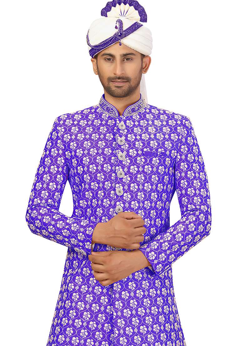 Blue Embroidered Silk Blend Sherwani for Men - Indya