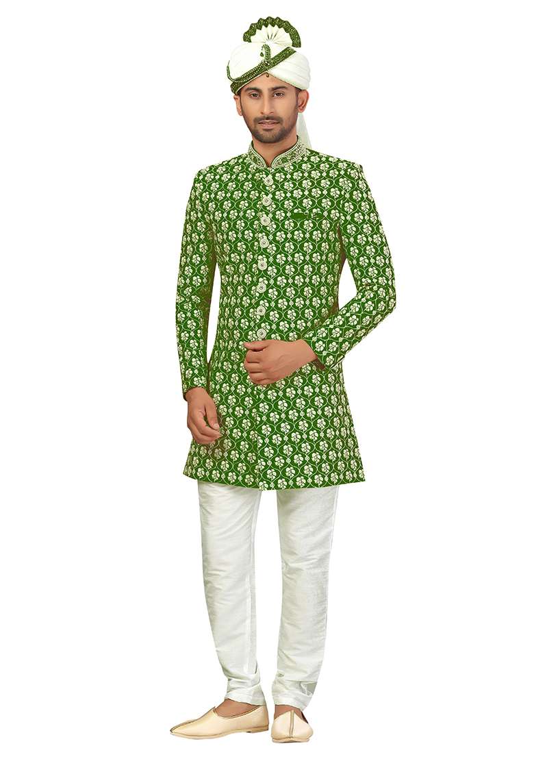 Mehendi Green Embroidered Silk Blend Sherwani for Men - Indya