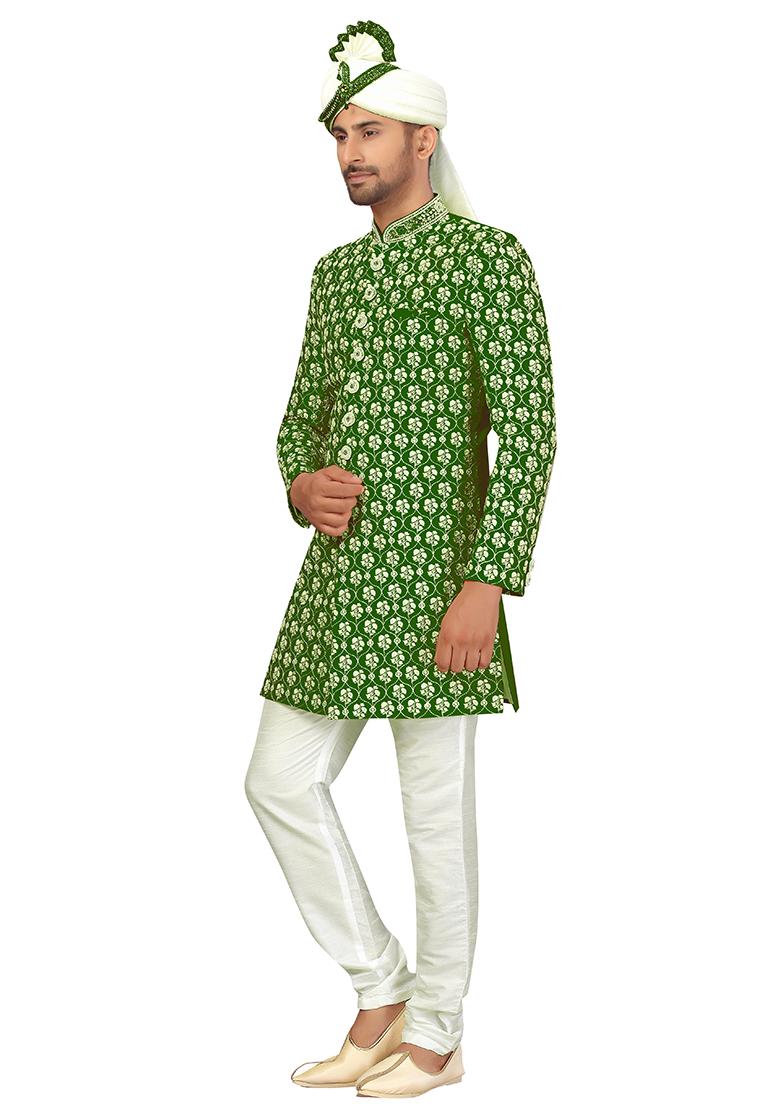 Mehendi Green Embroidered Silk Sherwani for Men