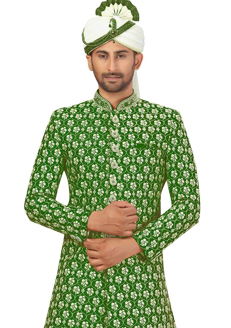 Mehendi Green Embroidered Silk Blend Sherwani for Men - Indya