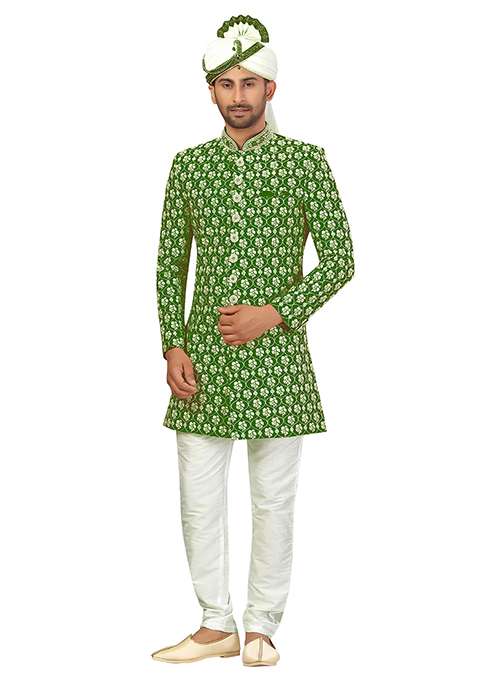 Mehendi Green Embroidered Silk Blend Sherwani for Men