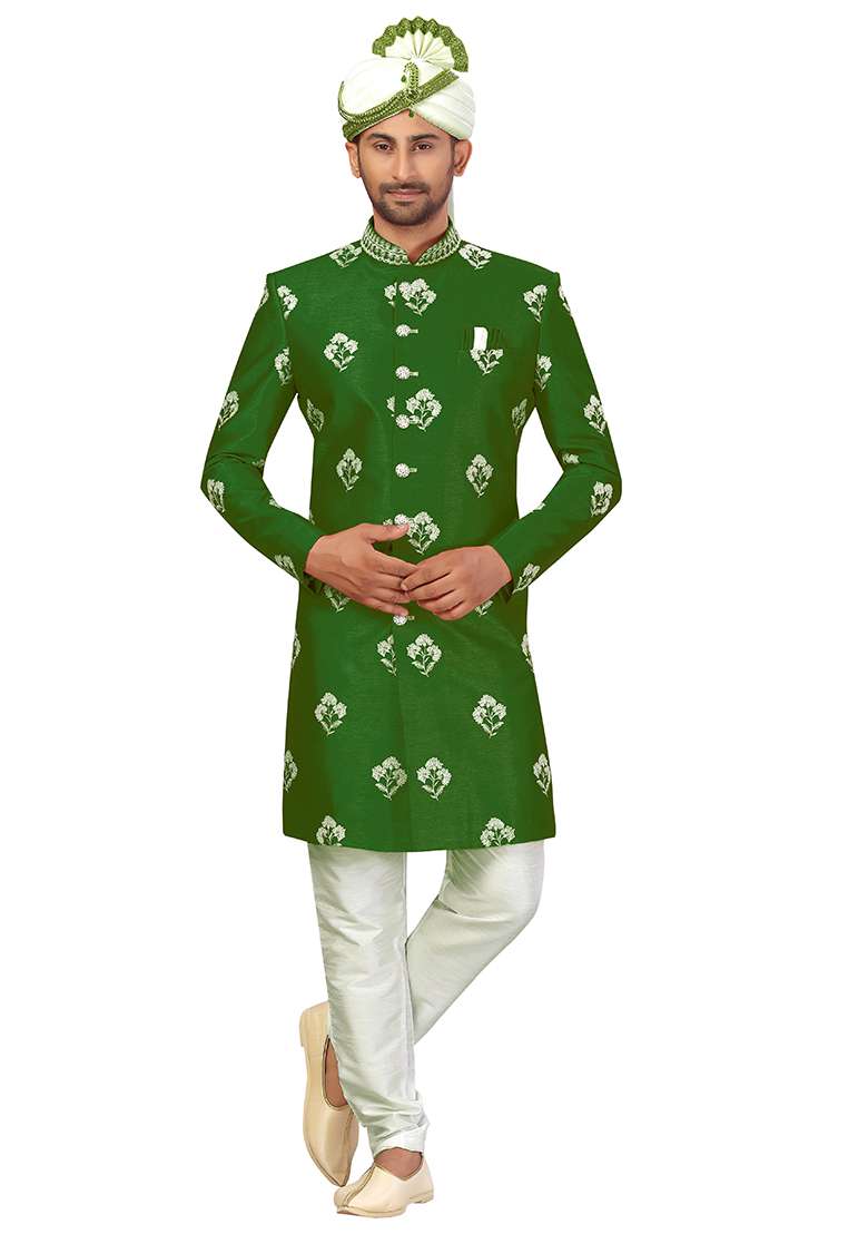 Dark Green Embroidered Silk Blend Sherwani for Men - Indya