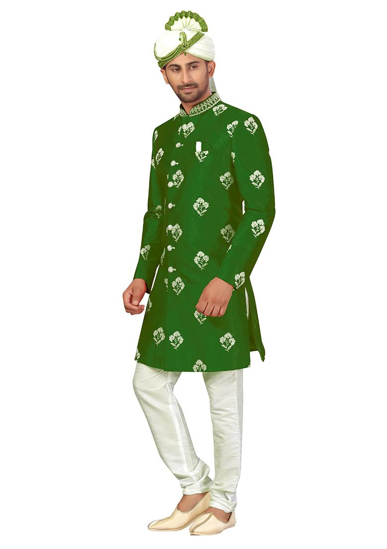 Dark Green Embroidered Silk Sherwani for Men