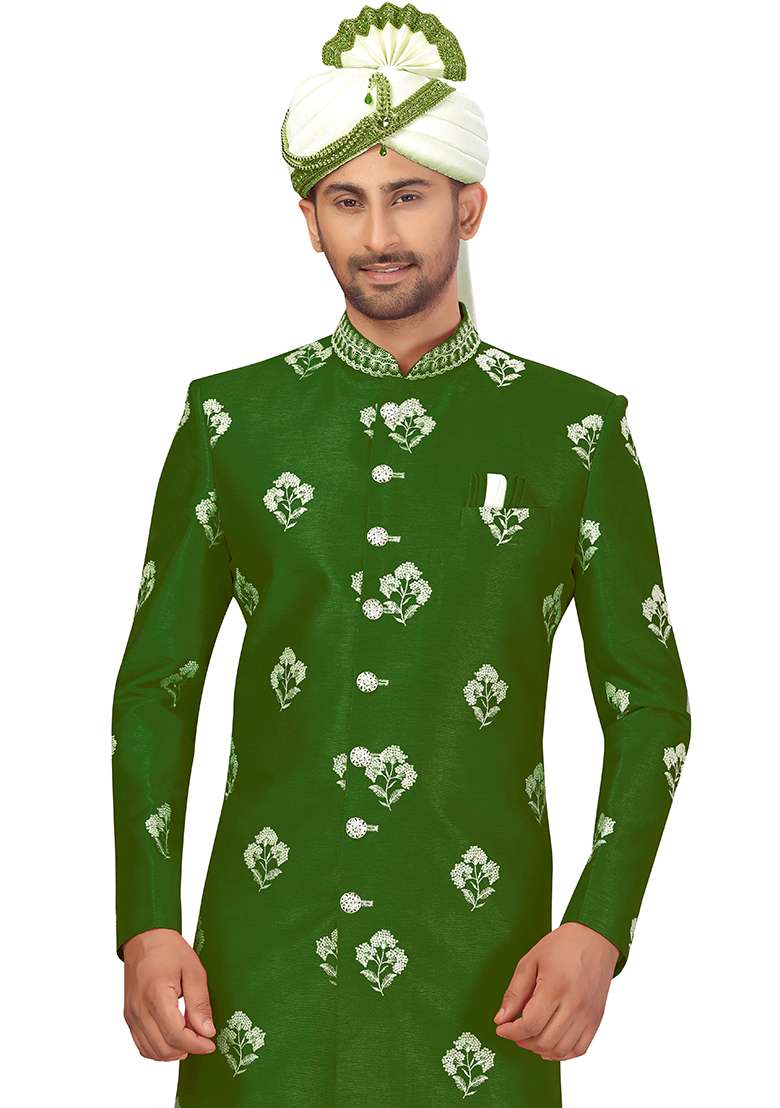 Dark Green Embroidered Silk Blend Sherwani for Men - Indya