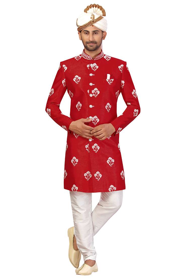 Maroon Embroidered Silk Blend Sherwani for Men - Indya