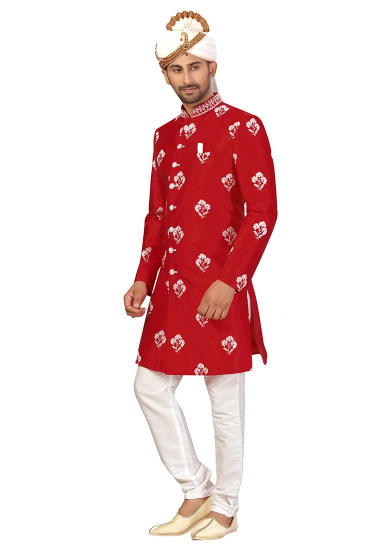 Maroon Embroidered Silk Sherwani for Men