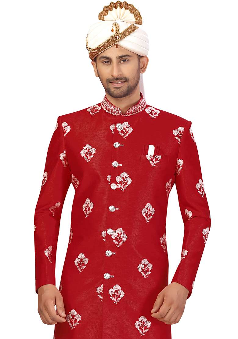 Maroon Embroidered Silk Blend Sherwani for Men - Indya