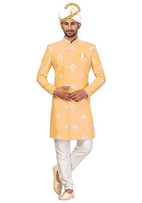 Fawn Yellow Embroidered Silk Sherwani for Men