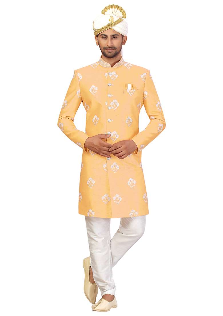 Fawn Yellow Embroidered Silk Blend Sherwani for Men - Indya