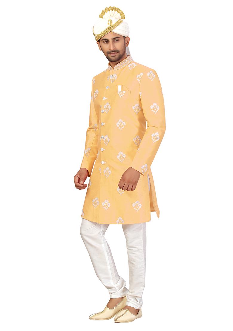 Fawn Yellow Embroidered Silk Sherwani for Men