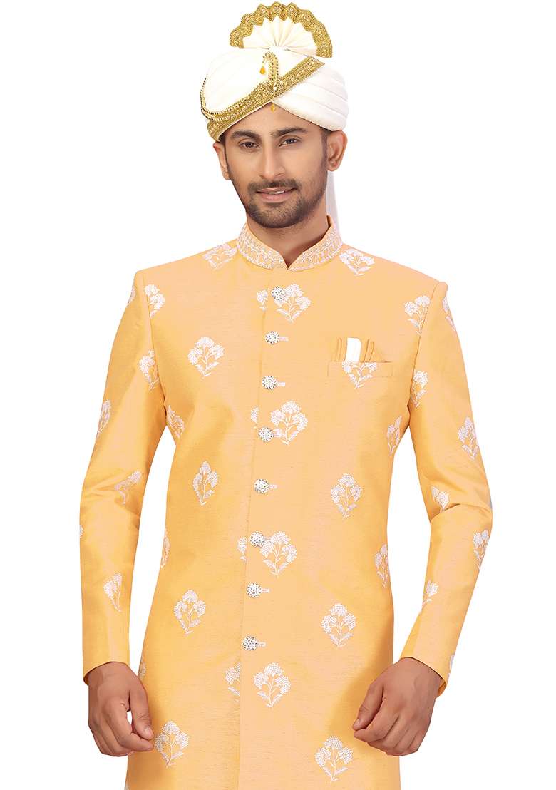 Fawn Yellow Embroidered Silk Blend Sherwani for Men - Indya