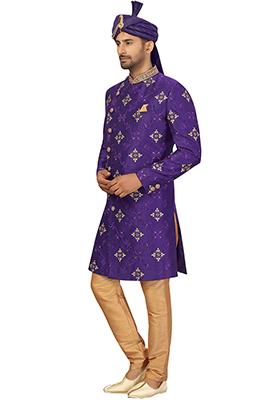 Purple Embroidered Silk Sherwani for Men