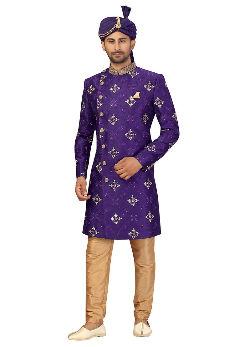 Purple Embroidered Silk Sherwani for Men